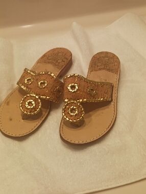 Jack Rogers Tan Cork Leather Sandals with Gold Trim